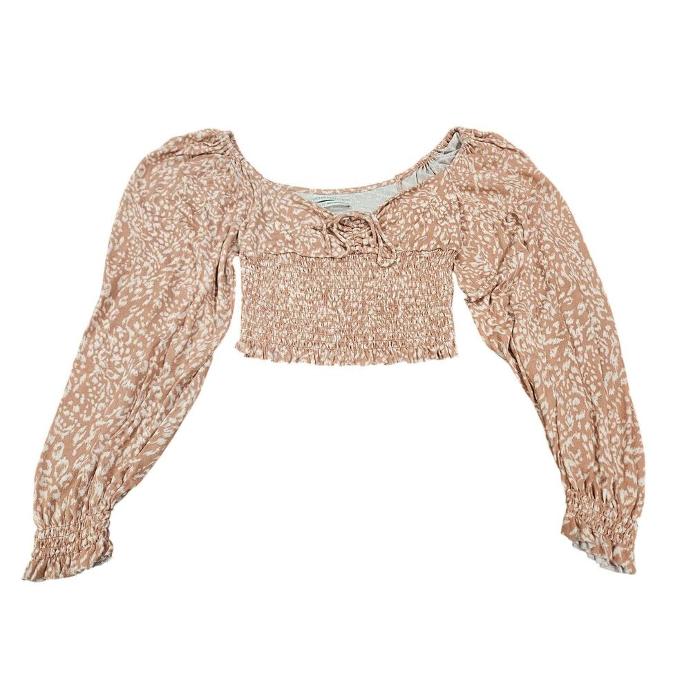 Urban Outfitters Smocked Crop Top XS Boho Tie Front Balloon Sleeve